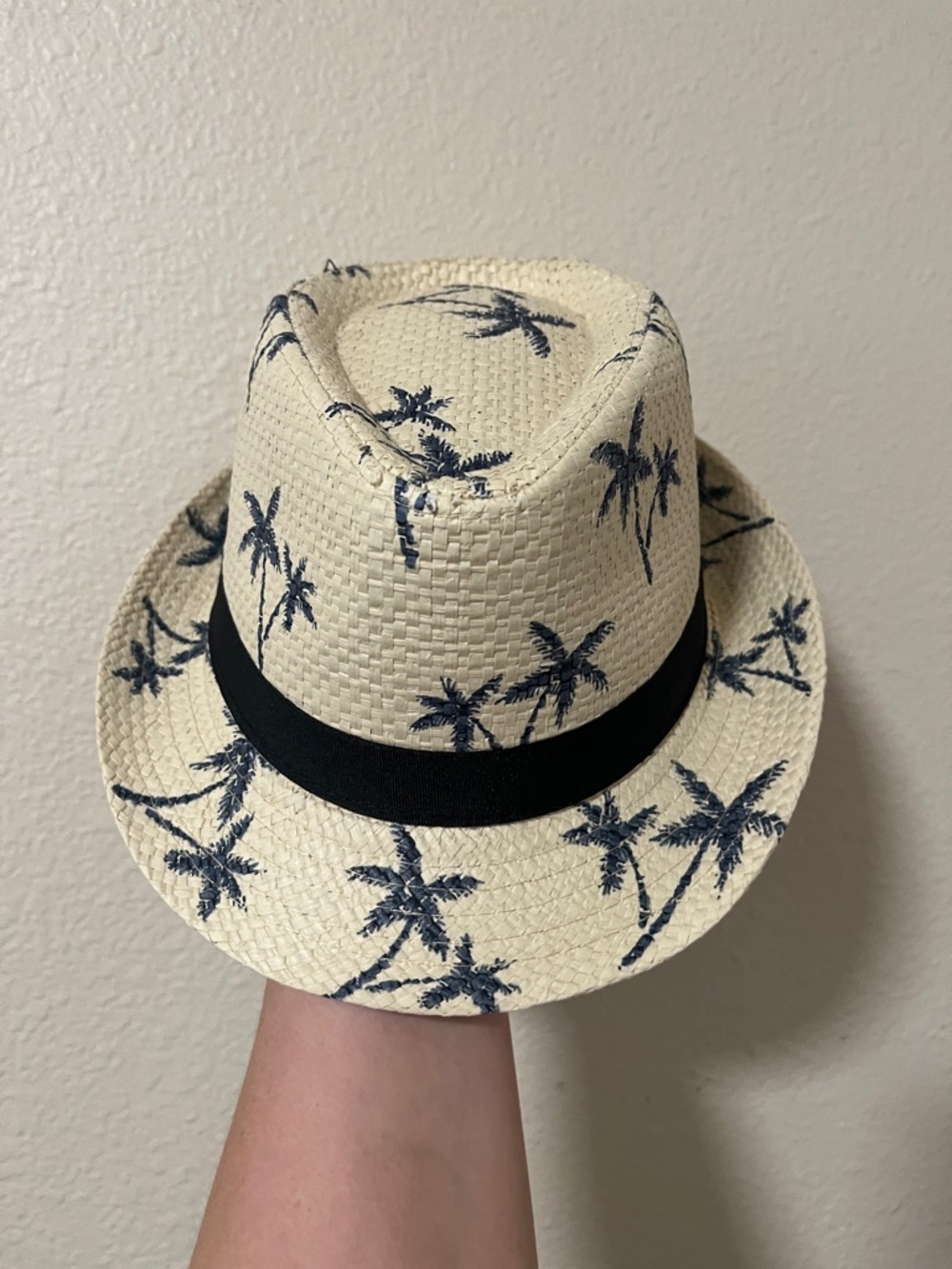Spirit Cream Straw Fedora with Navy Palm Print and Black Band